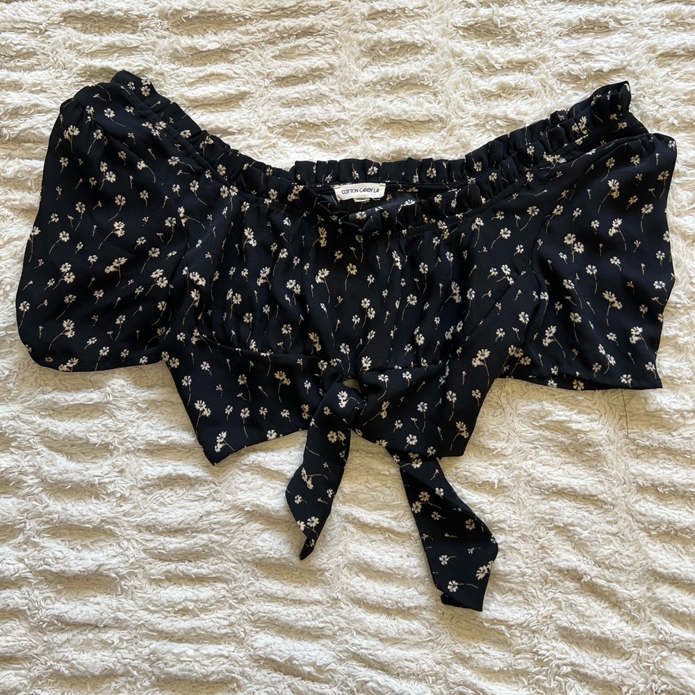Cotton Candy Black Floral Tie-Front Blouse